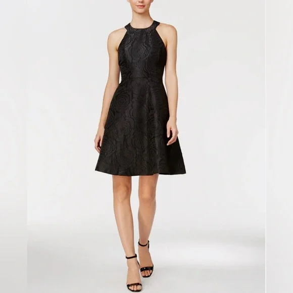 Calvin Klein Petite Floral Jacquard Halter Dress - Black 2P 2P